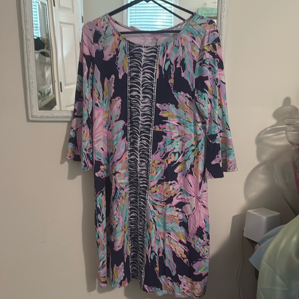 Lilly Pulitzer Ophelia Swing Dress Womens Large Blue Floral 3/4 Sleeve